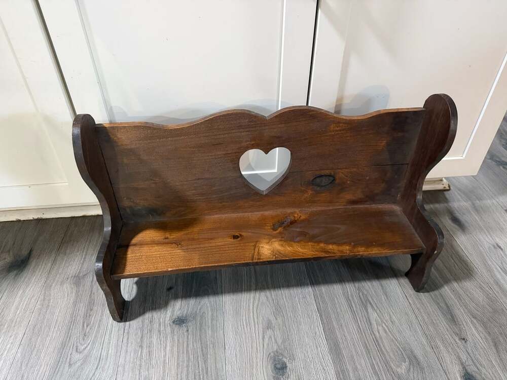 Vintage Handmade Solid Wood Doll Bench with Heart Cutout Country Farmhouse Decor
